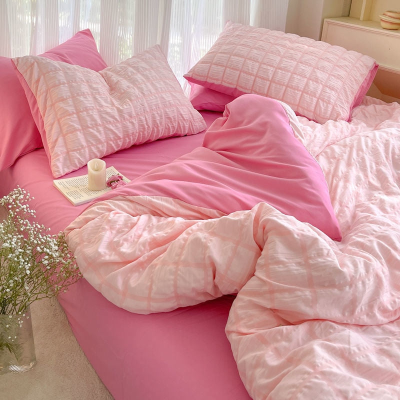 Conjunto de Roupa de Cama Princesa Rosa em Seersucker