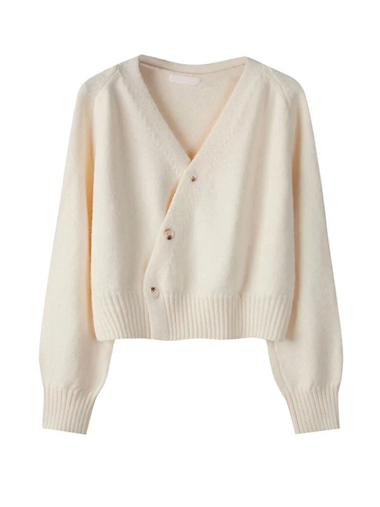 Autumn Winter Skew Button V-Neck Cardigan - Women's Knitted Cashmere Sweater