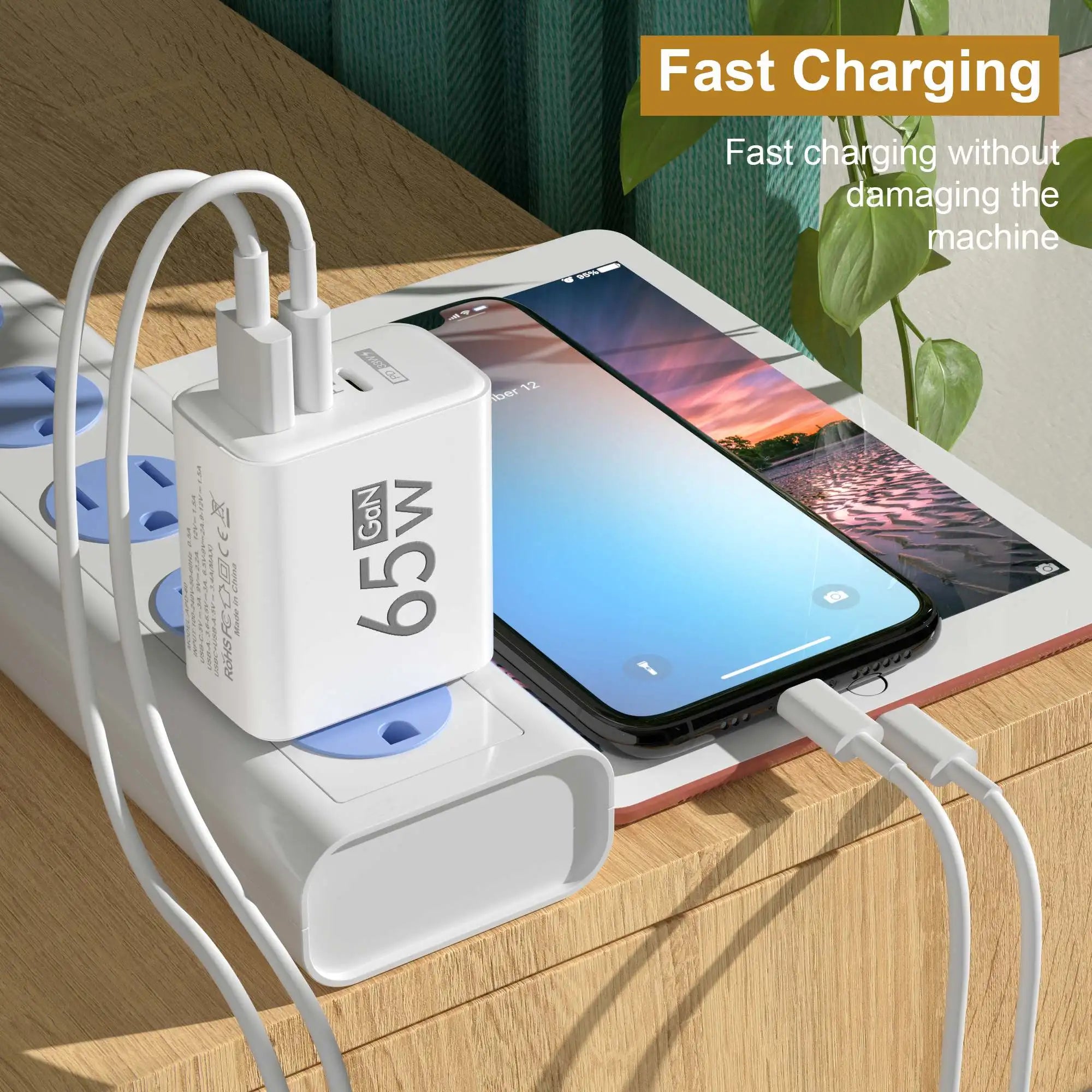 65W USB C-oplader GaN snel opladen PD Quick Charge 3.0 muuradapter voor iPhone 15, Xiaomi, POCO, Samsung, OnePlus – EU/US-stekker