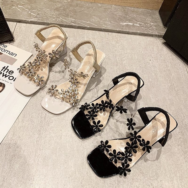 Clara Rhinestone Flower Block Heel Sandals