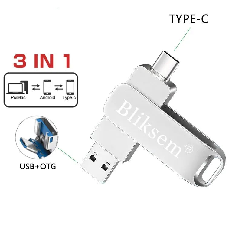 Bliksem Type-C Flash Drive 32GB/64GB | Højhastigheds USB 2.0 | 3-i-1 Metal Mini Pen Drive til PC & Mobil