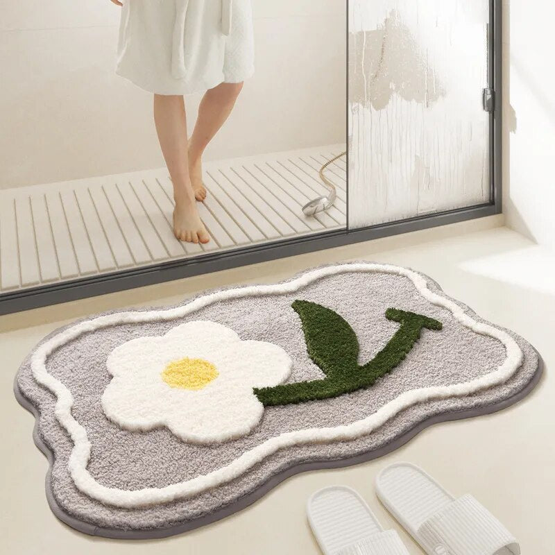 Alfombra de baño flocada de hojas verdes - Alfombra de baño de microfibra absorbente y antideslizante