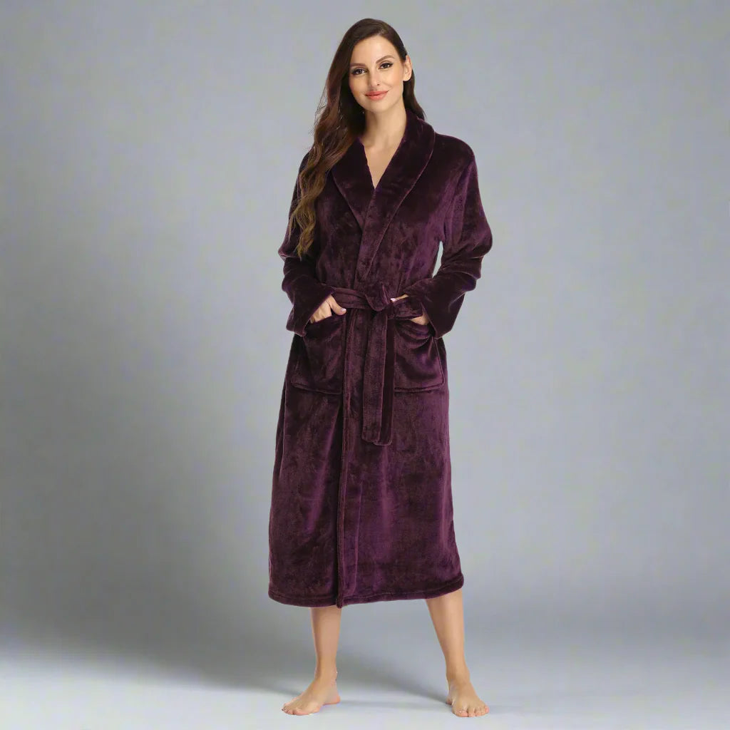 RONGTAI Women's Plush Fleece Bathrobe – Warm & Cozy Long-Sleeve Robe