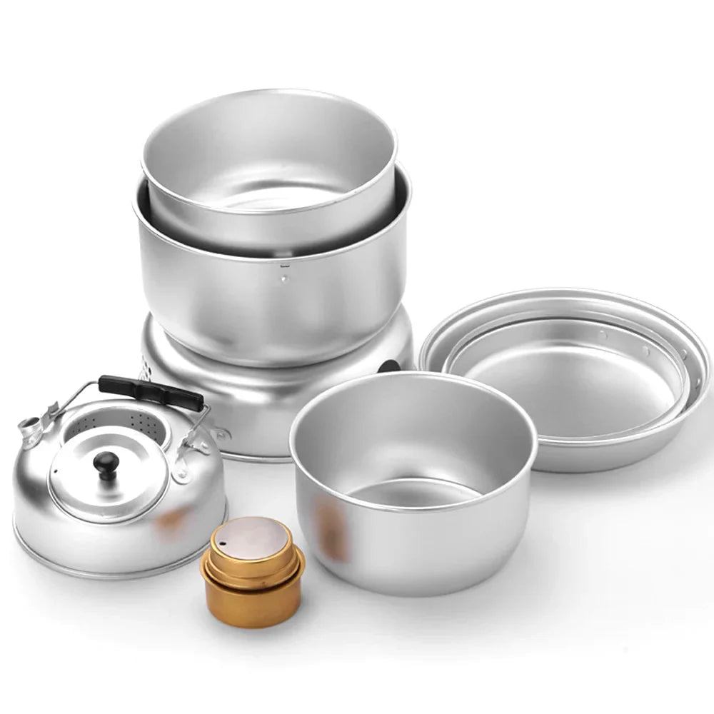 Kit de réchaud de camping 10 pièces – Ensemble de cuisine en plein air avec casseroles, poêles, bouilloire, réchaud à alcool et plus encore pour la randonnée, la randonnée et le camping