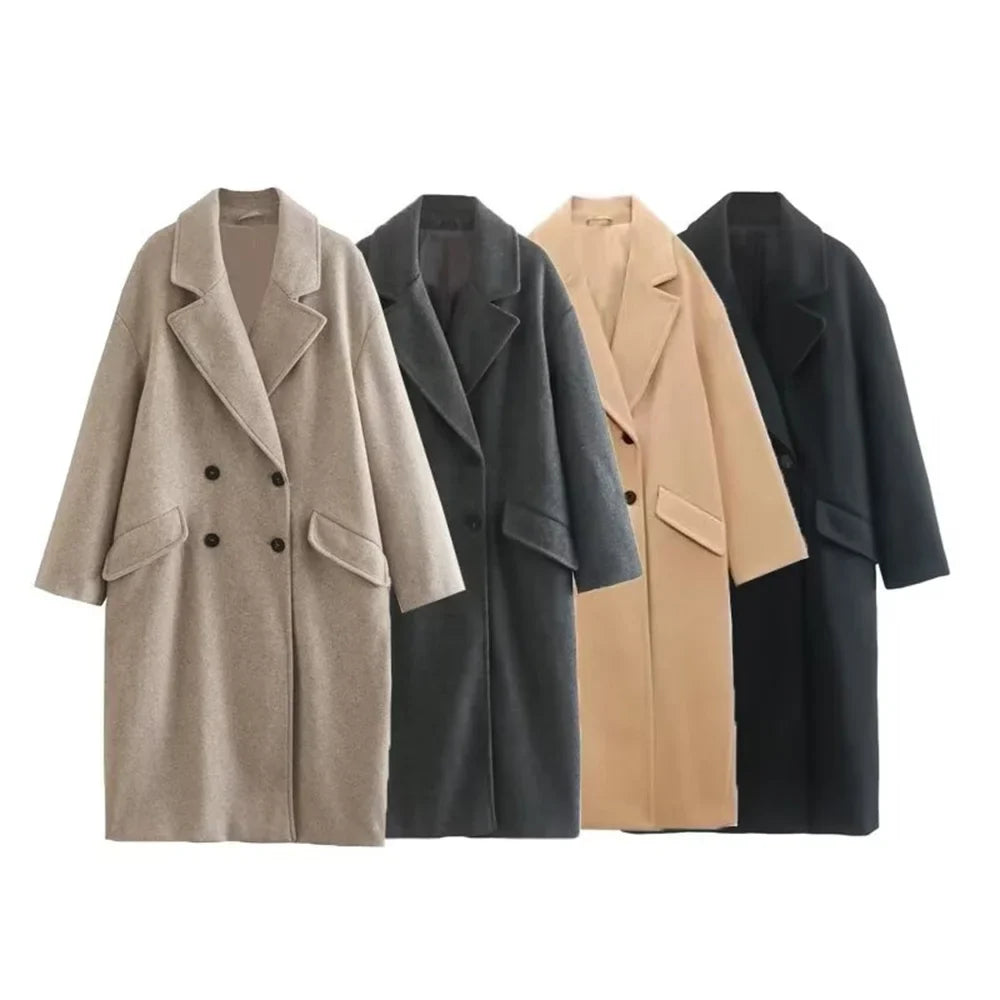 Unni: Manteau/Veste Long en Laine à Boutons Double Boutonnage à Col Rabattable d'Hiver