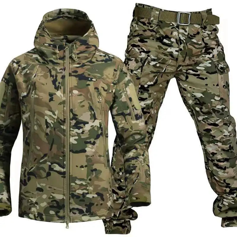 Set de jachetă din pluș camuflat pentru exterior - Palton și pantaloni îngroșați pentru toamnă/iarnă