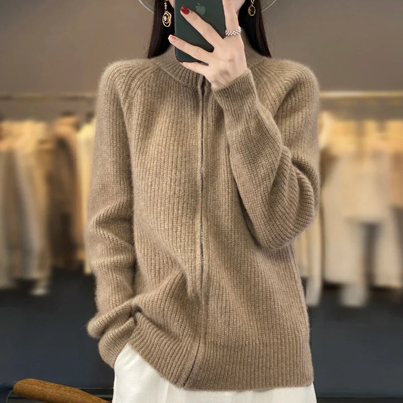 100% Pure Wool Zipper Cardigan/Genser for kvinner