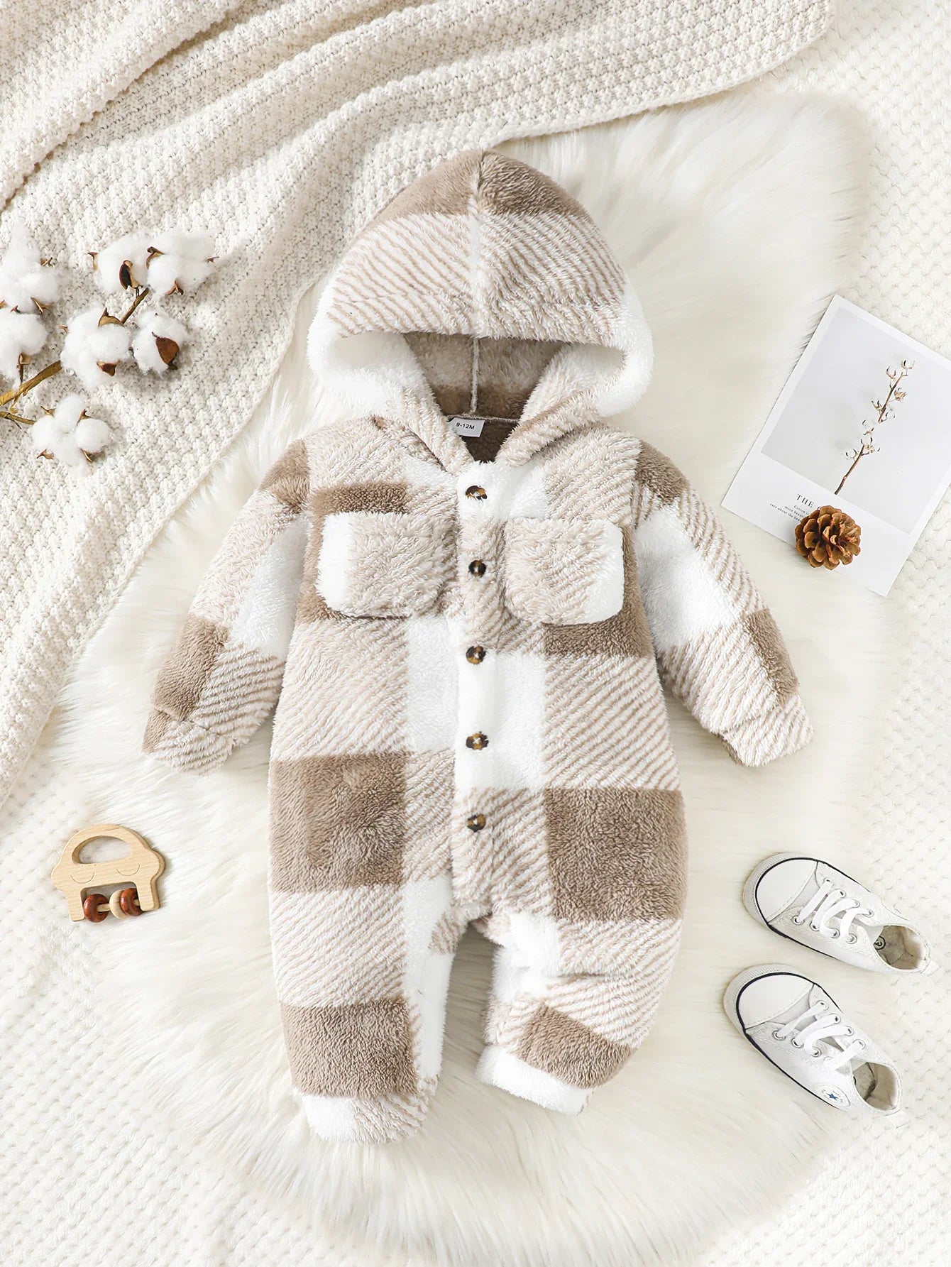 Romper de Invierno con Capucha a Cuadros Acogedor para Bebés (3-24 Meses)