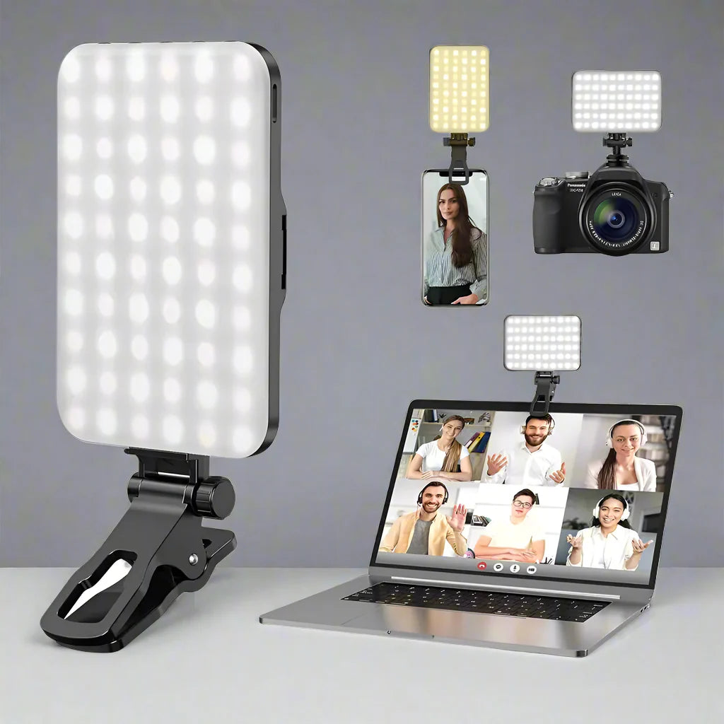 NovaGlow Lumină pentru Selfie – Reîncărcabilă cu 60 de LED-uri, Clip-On cu 7 Moduri și 10 Niveluri de Luminozitate