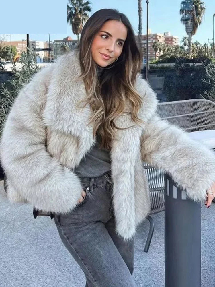 Veste à revers en fausse fourrure pour femme - Manteau court chaud surdimensionné chic