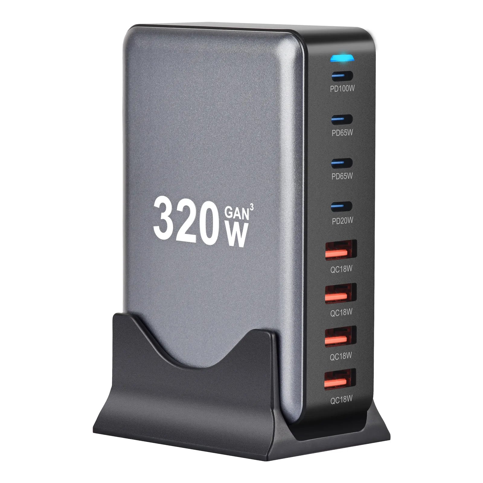 Încărcător rapid USB-C GaN de 320W – Încărcare desktop cu 8 porturi PD și Quick Charge 3.0 pentru iPhone 15/14, Samsung și altele