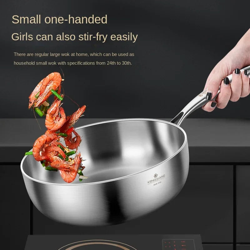 316 Stainless Steel Frying Pan – Deep Uncoated Frying Pan for Vegetables, Induction Cooker Compatible