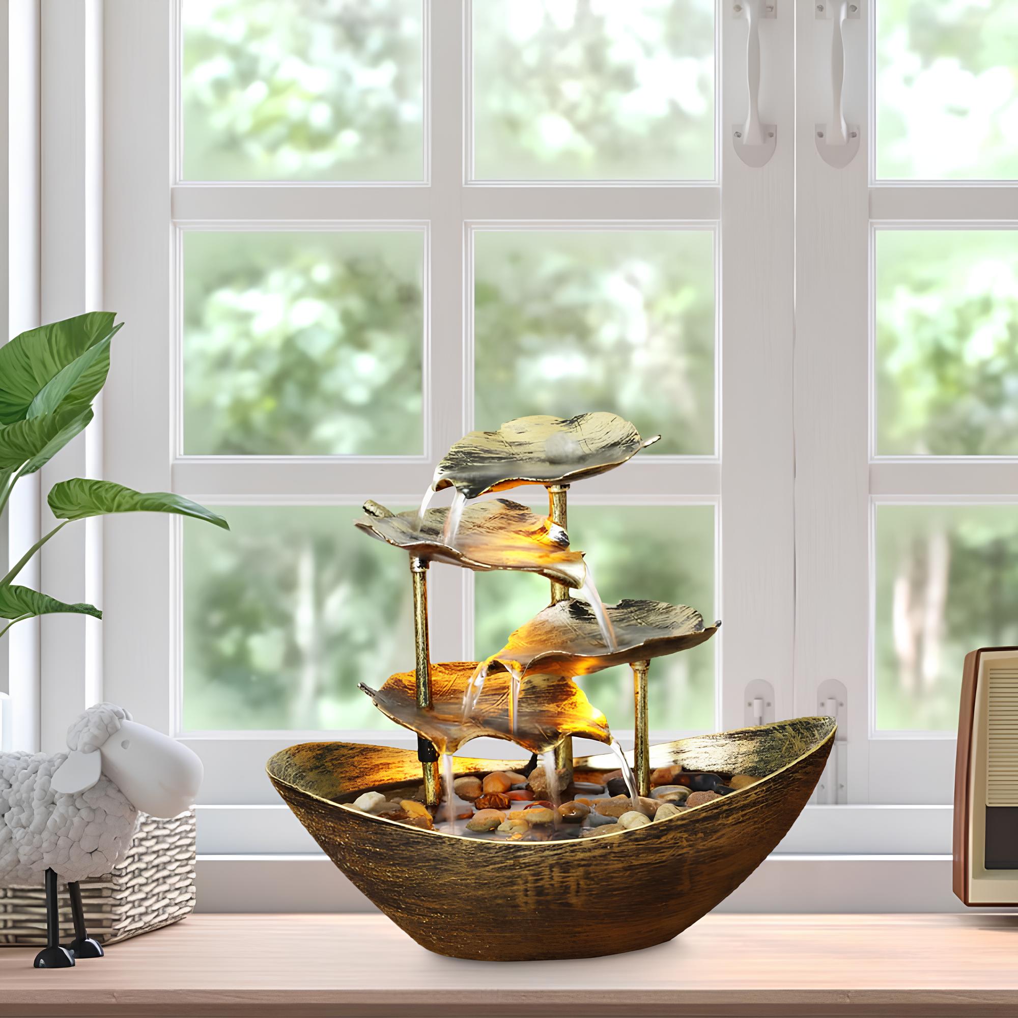 Water Over Sailing Lotus Leaf Tabletop Fountain Waterfall