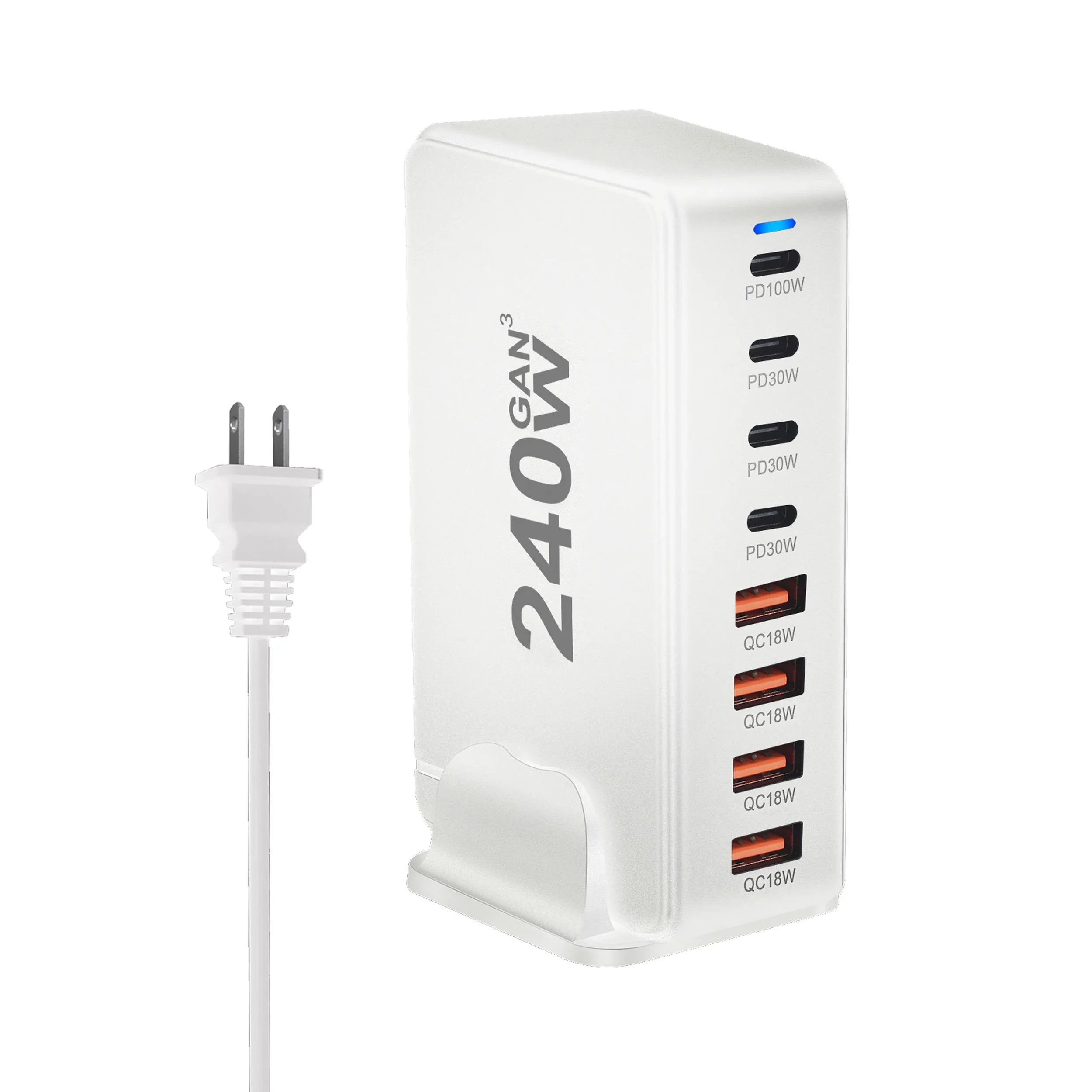 Chargeur GaN de bureau 240 W – Station de charge rapide 8 ports USB Type C PD Quick Charge 3.0 pour appareils mobiles, ordinateurs portables et plus encore