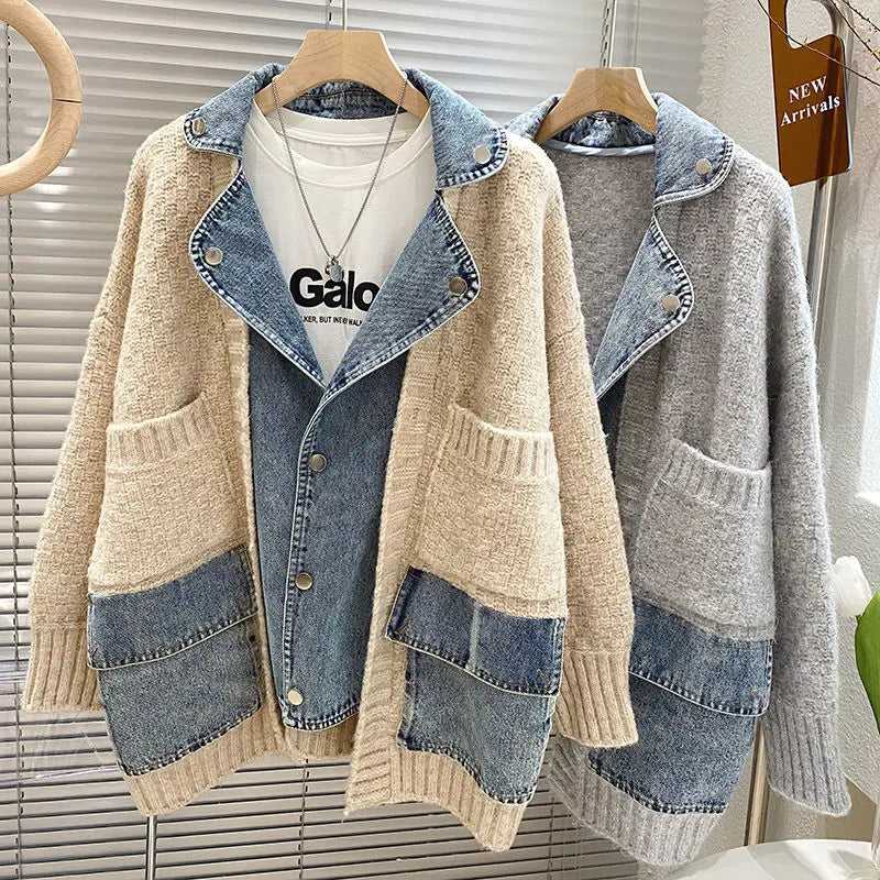 Zandy's Trendy Spliced Denimjakke | Kvinnens Koselige Høst- og Vinterjeans Cardigan