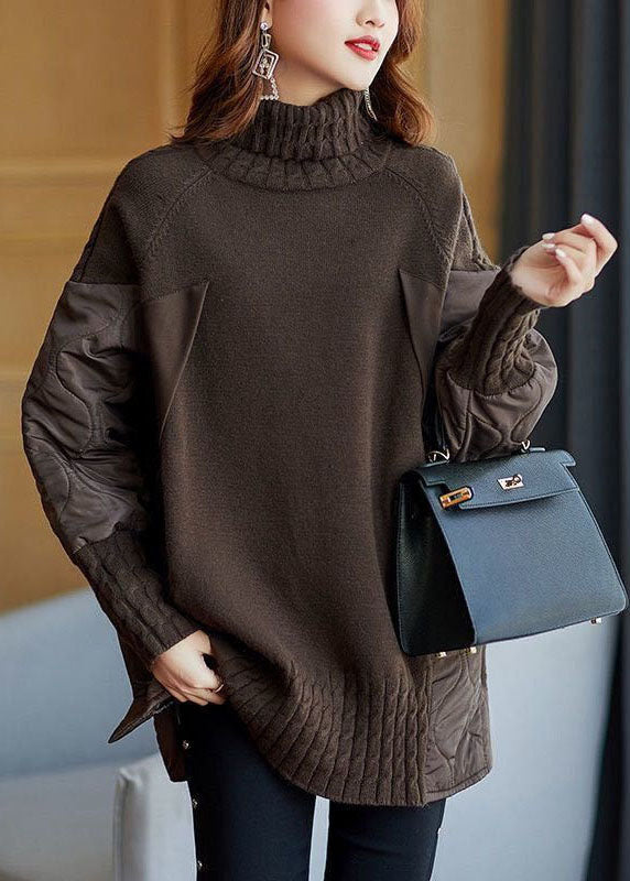 Jednoduchý čokoládový rolák Patchwork Loose Fall Knit svetry