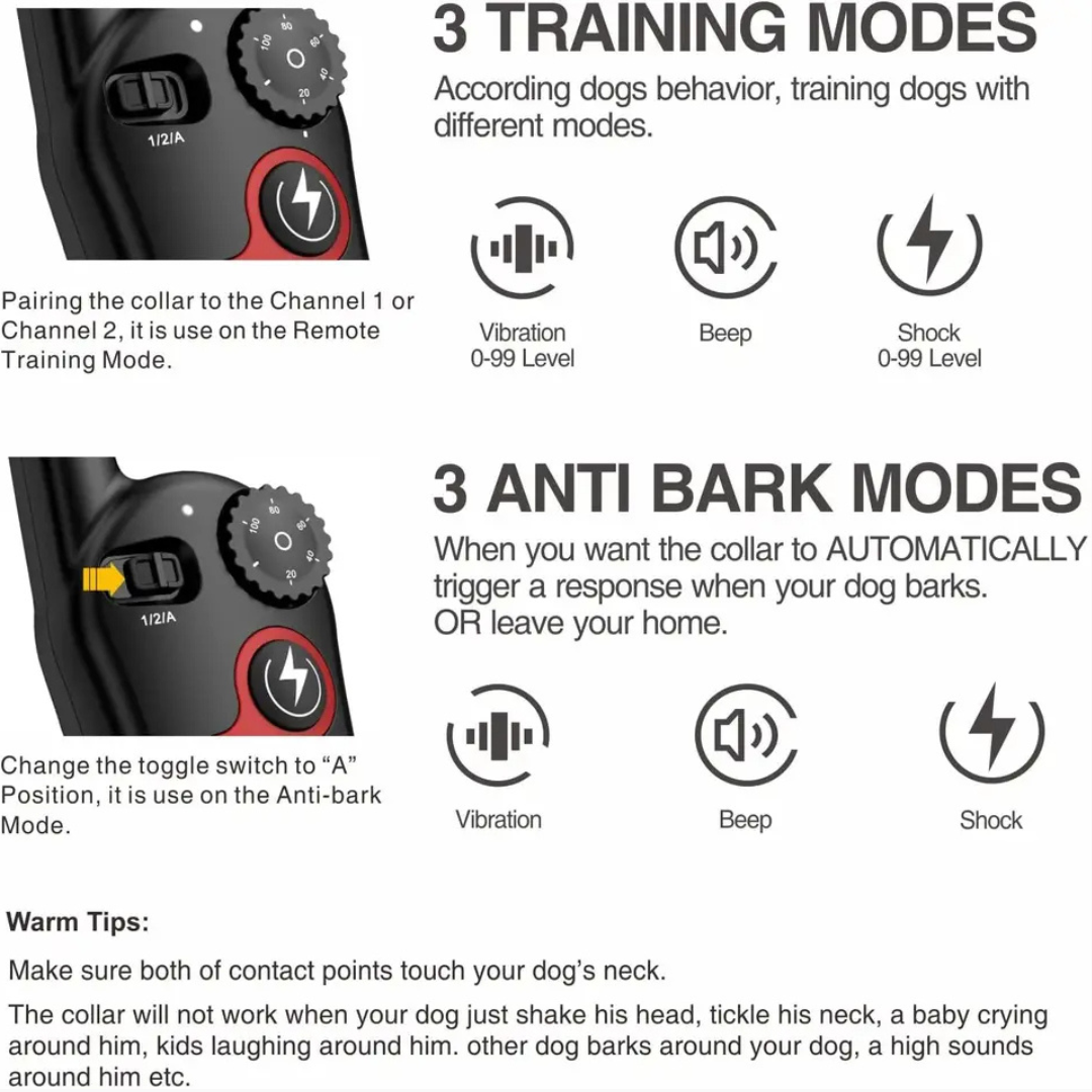 Colar de Treino Inteligente para Cães com Controlo Remoto - Anti-Ladrido Automático, 3 Modos de Treino, À Prova de Água