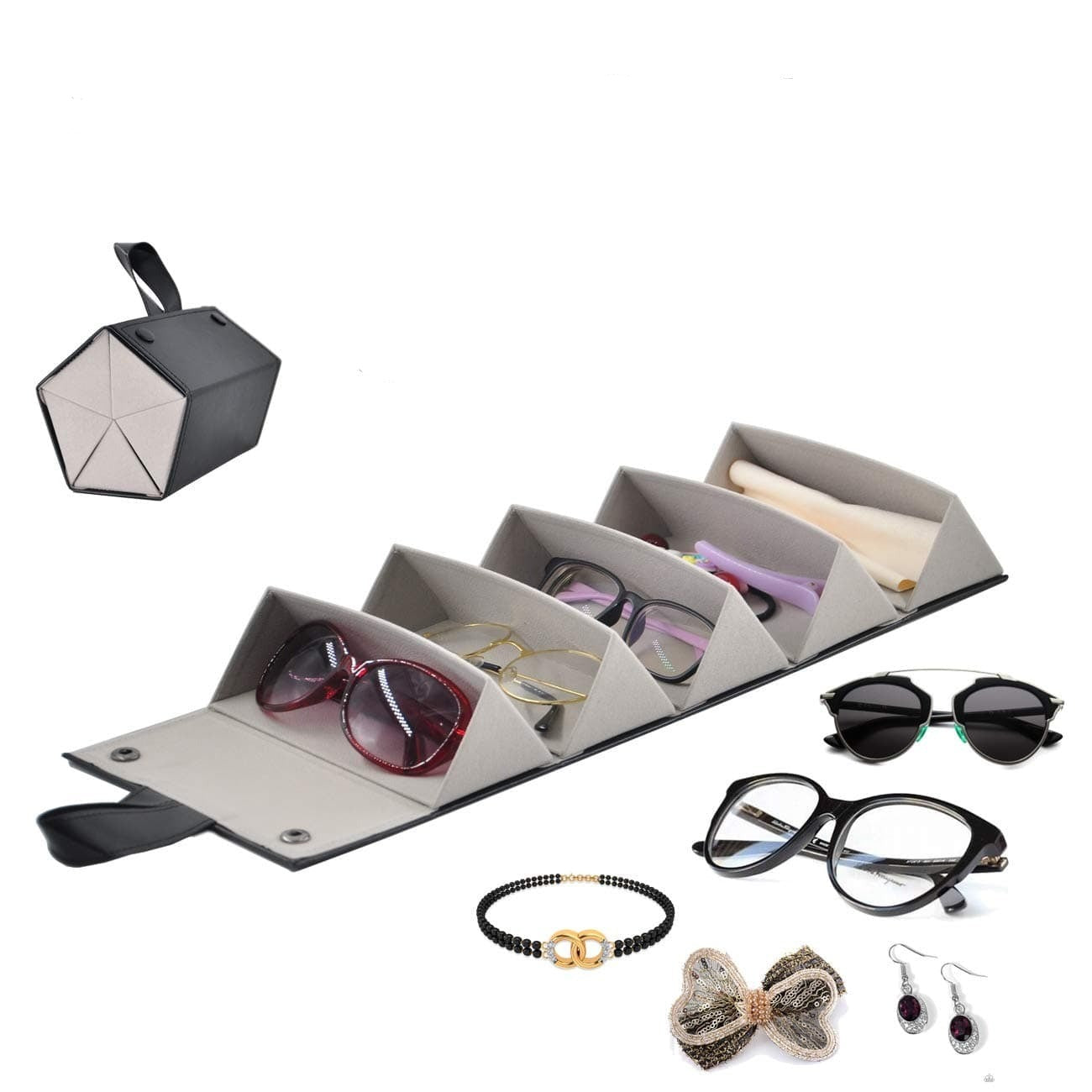 Estuche plegable para gafas de viaje – Organizador con múltiples ranuras para gafas de sol y anteojos, cuero vegano