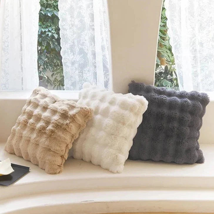 Super Soft Fluffy Luxury Rabbit Faux Fur Wave Cushion Cover - Ivory, Beige & Grey