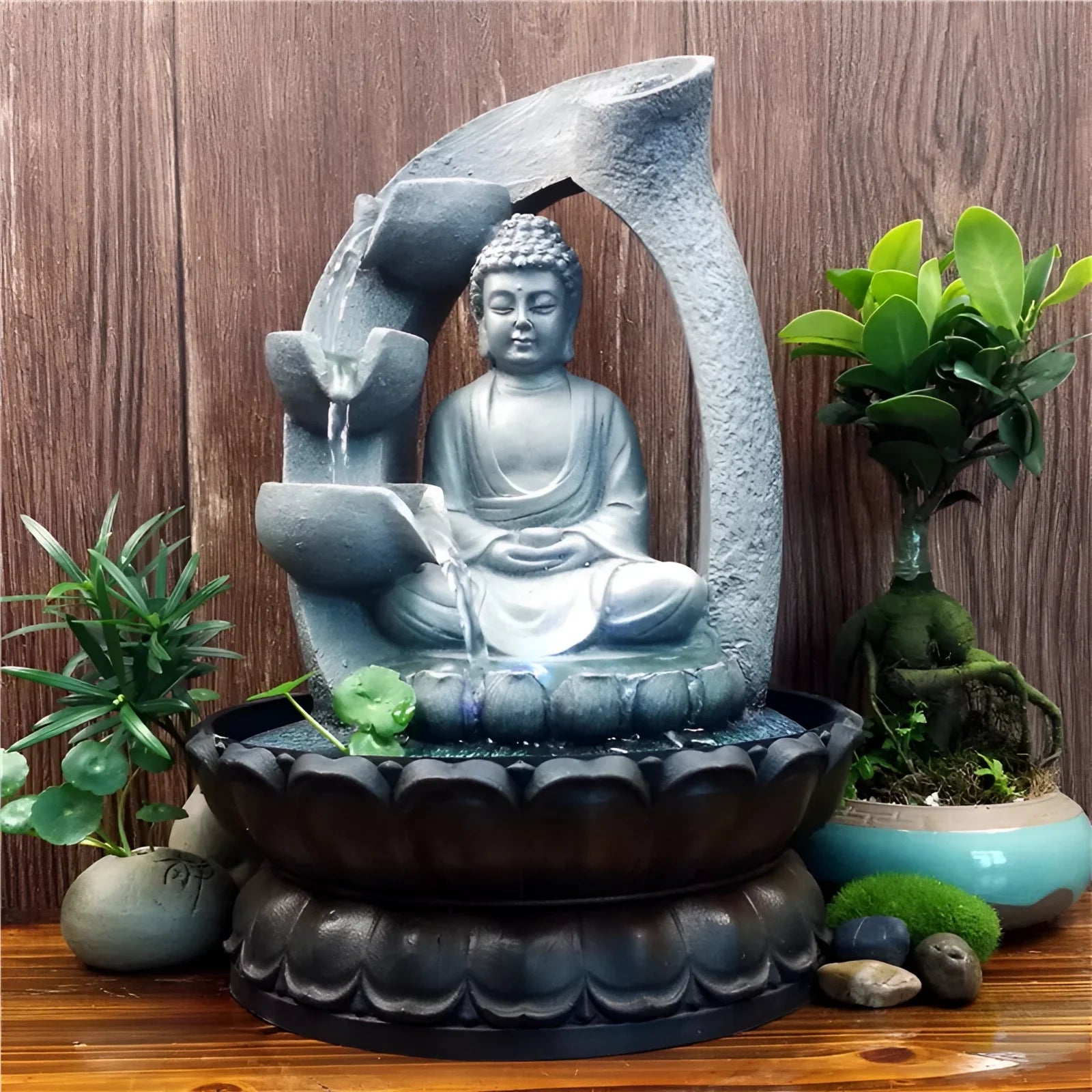 Fuente LED Buda: Decoración Zen de Meditación y Feng Shui