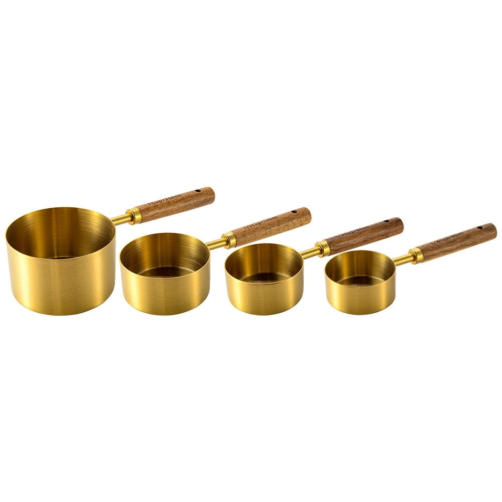 Gold Brass Measuring Cups - Luxury Wood Handle Set for Gourmet Baking