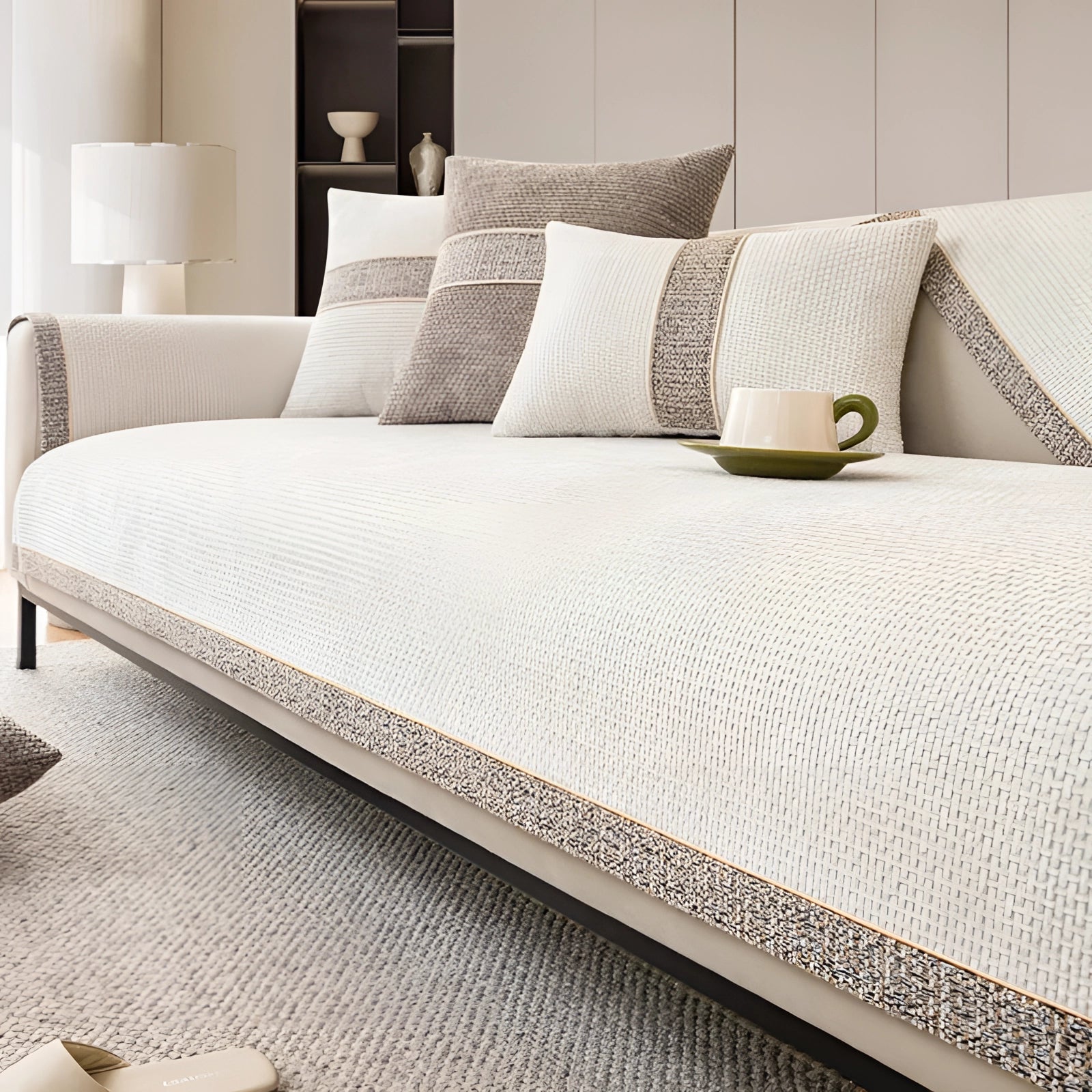 Sofá Curvo Moderno com Base de Terrazzo - Daybed Neutro de Luxo