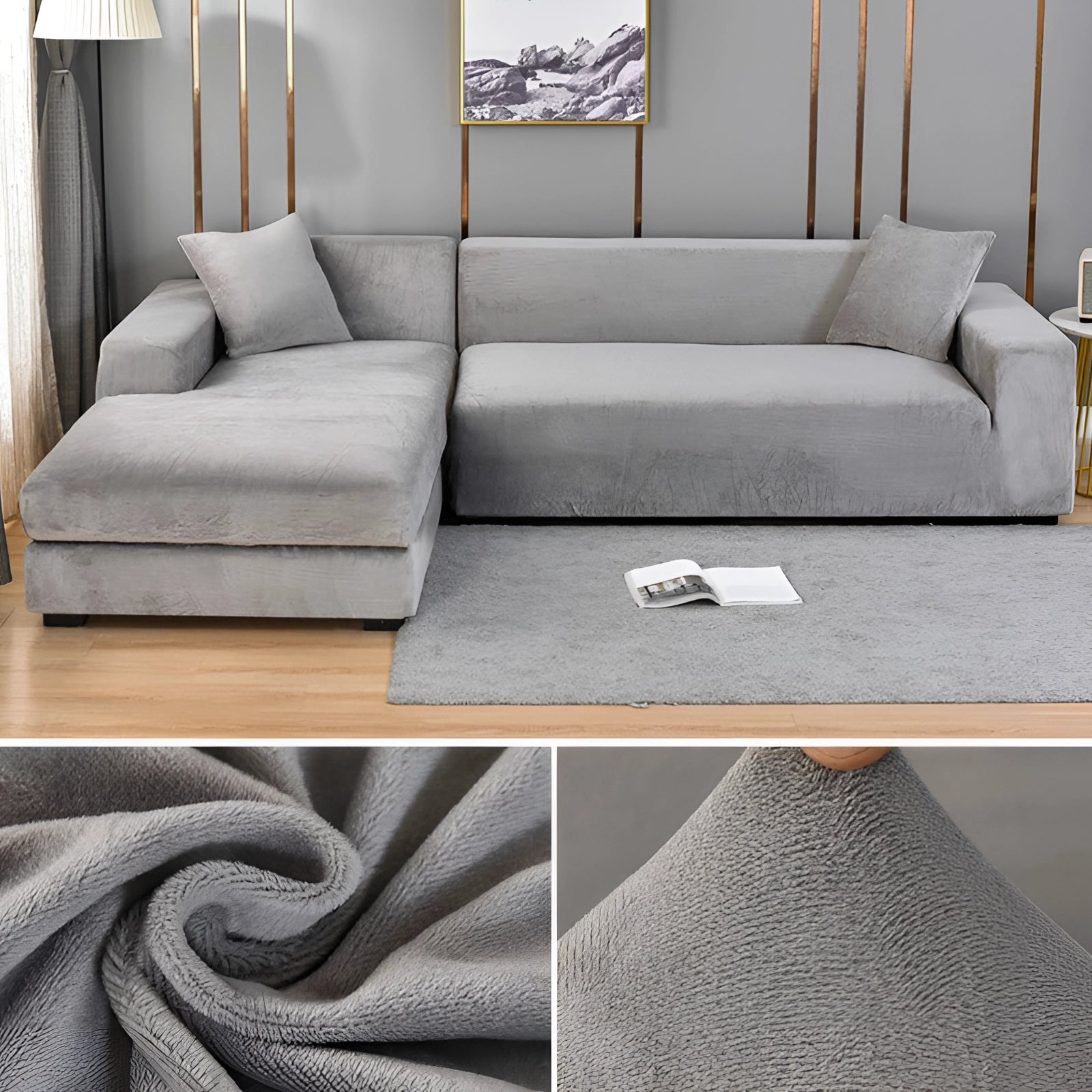 Modern Velvet Sectional Sofa - Grey Chaise Lounge, Luxury Furniture