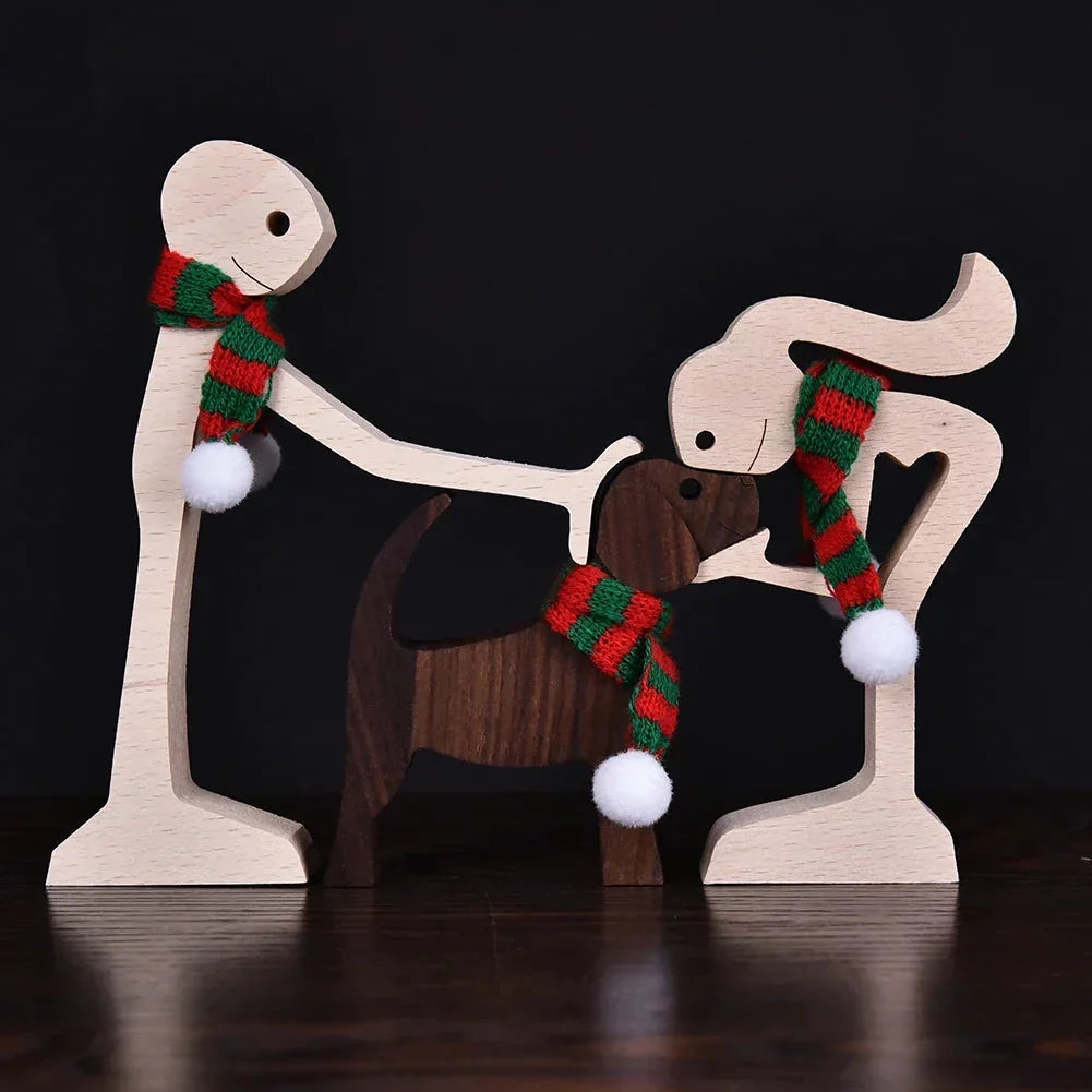 Wooden Dog Sculpture with Striped Scarf - Festive Holiday Figurine