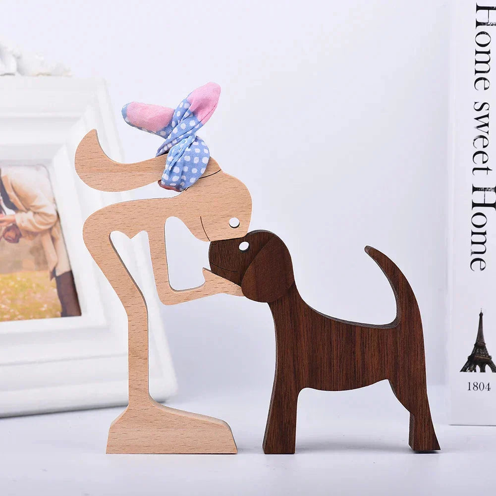 Wooden Dog Sculpture with Striped Scarf - Festive Holiday Figurine