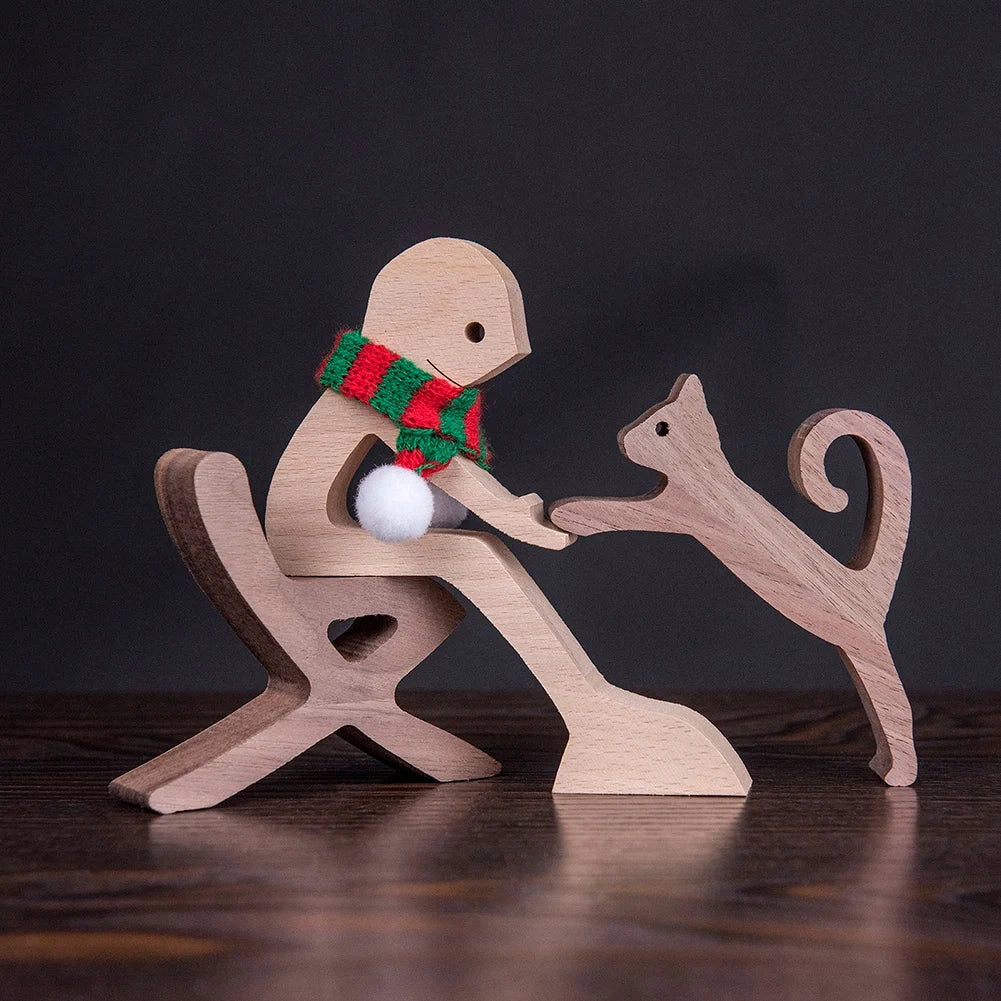 Wooden Dog Sculpture with Striped Scarf - Festive Holiday Figurine