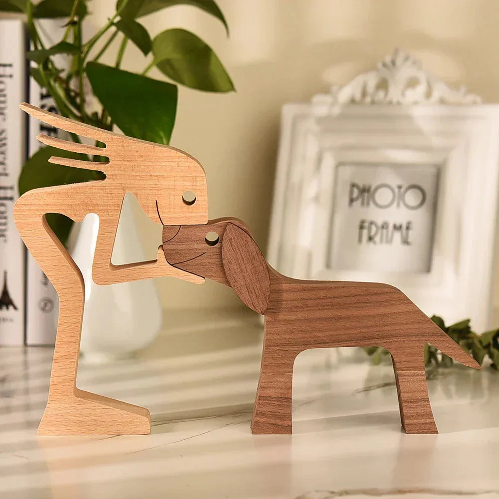 Wooden Dog Sculpture with Striped Scarf - Festive Holiday Figurine