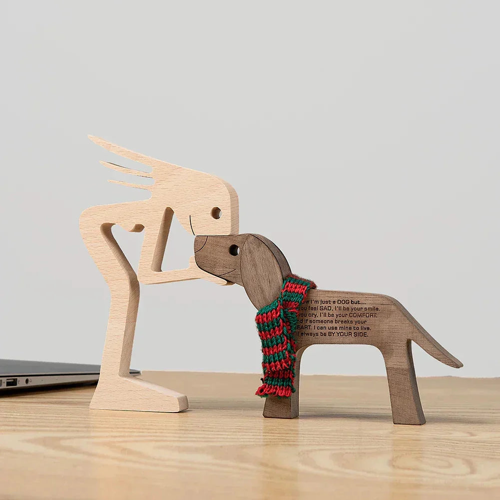 Wooden Dog Sculpture with Striped Scarf - Festive Holiday Figurine