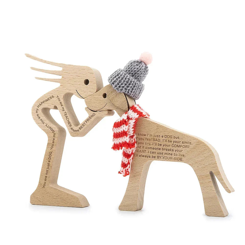 Wooden Dog Sculpture with Striped Scarf - Festive Holiday Figurine