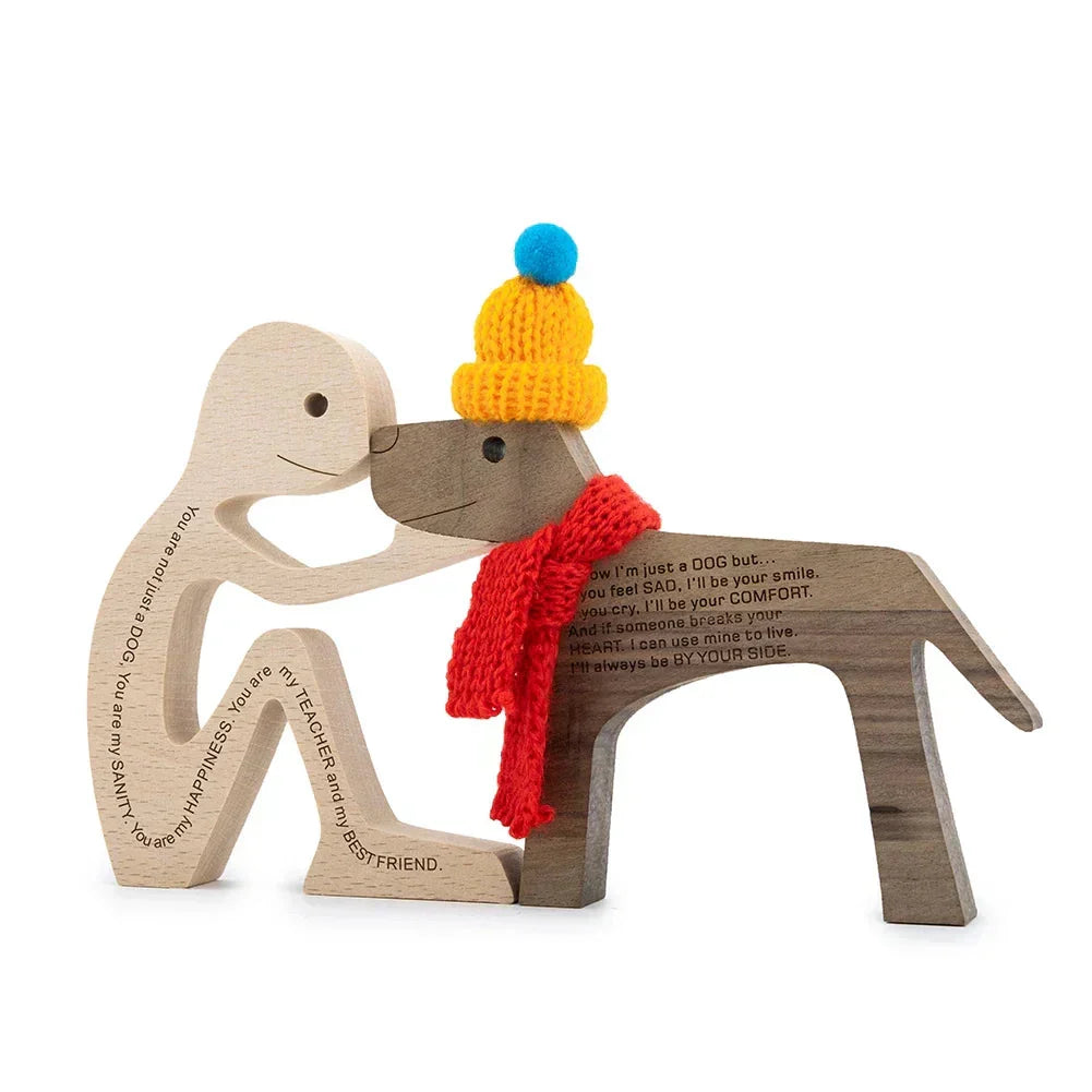 Wooden Dog Sculpture with Striped Scarf - Festive Holiday Figurine