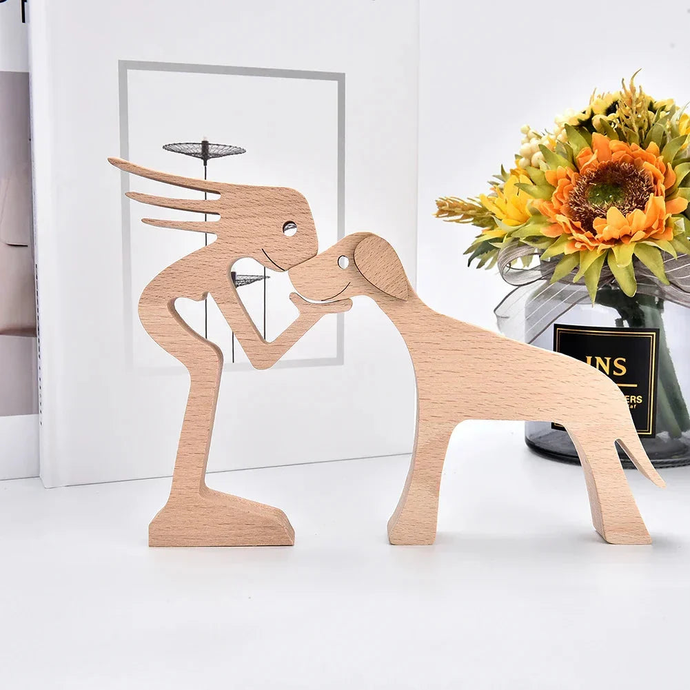 Wooden Dog Sculpture with Striped Scarf - Festive Holiday Figurine