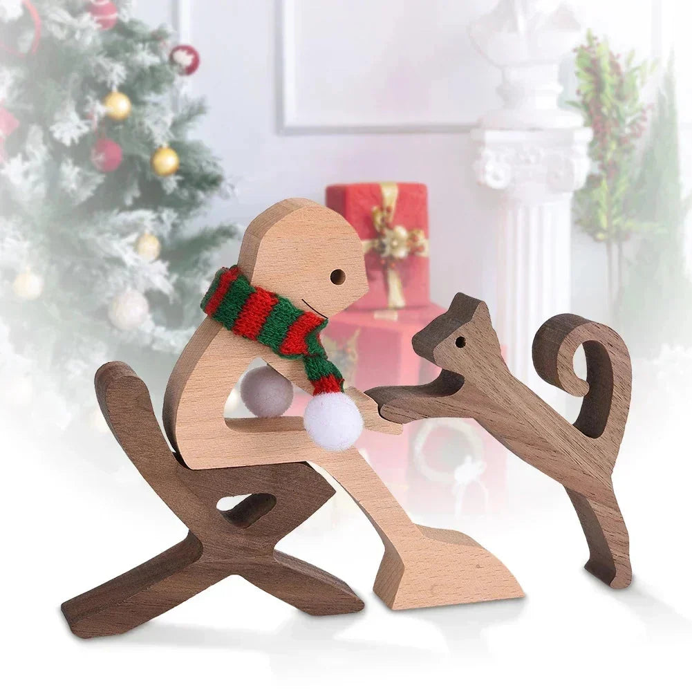 Wooden Dog Sculpture with Striped Scarf - Festive Holiday Figurine