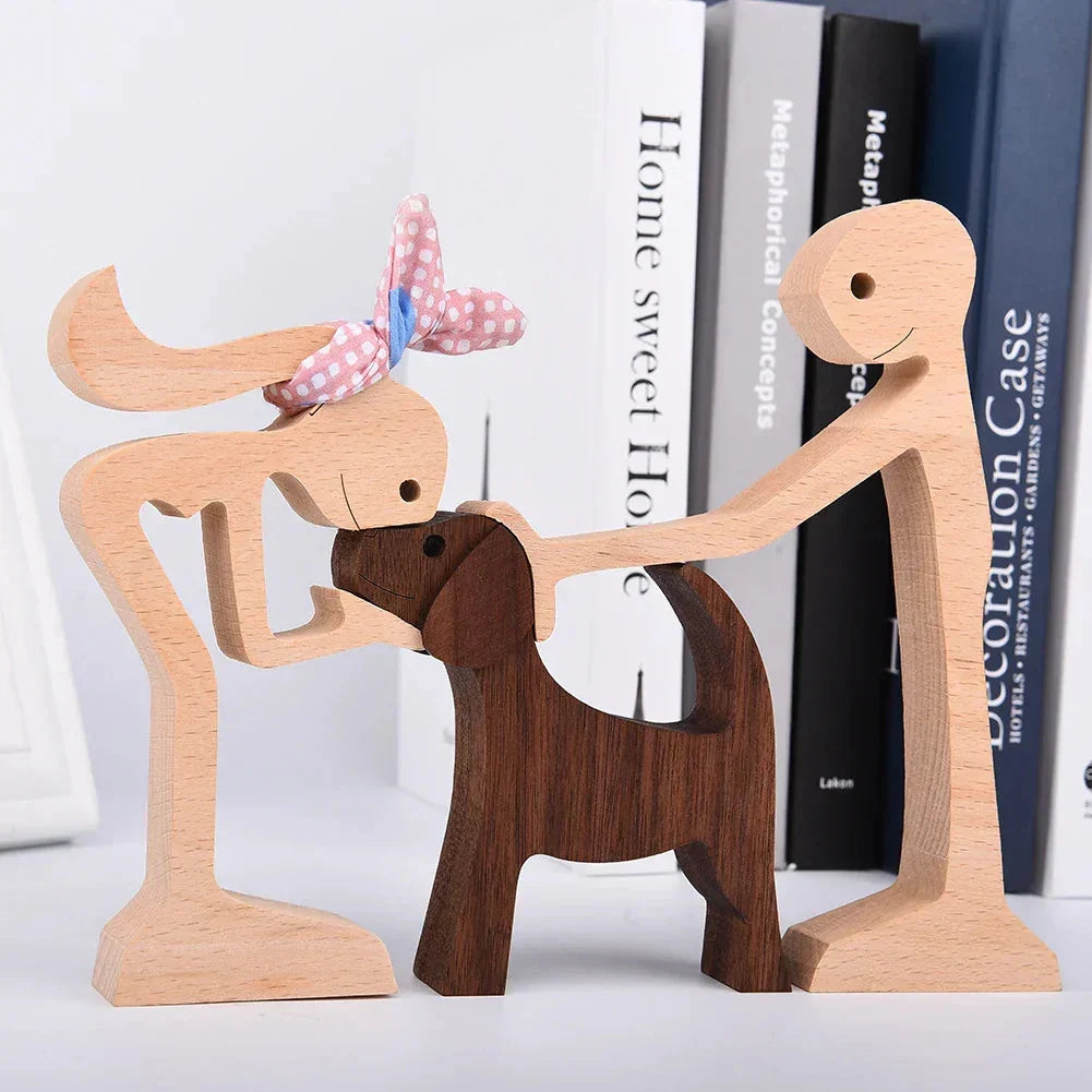 Wooden Dog Sculpture with Striped Scarf - Festive Holiday Figurine