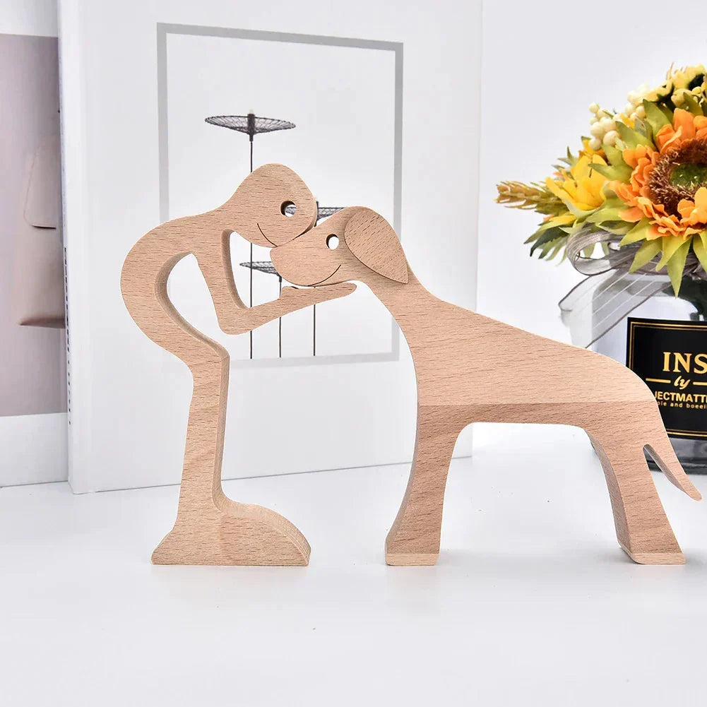 Wooden Dog Sculpture with Striped Scarf - Festive Holiday Figurine