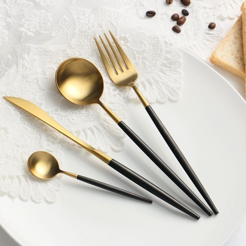 Matte Gold and Black 24-Piece Flatware Cutlery Set