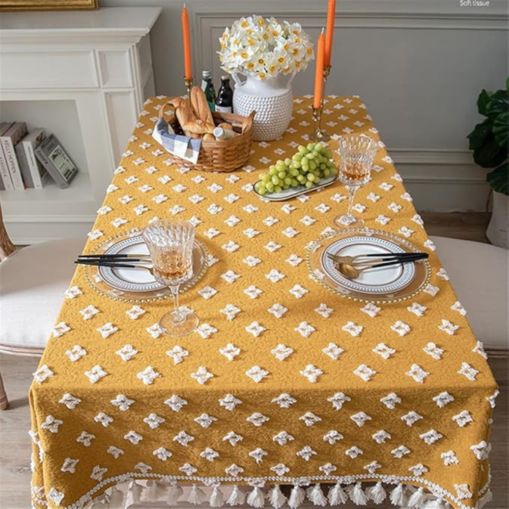 Versatile Yellow Embroidered Tassel Tablecloth