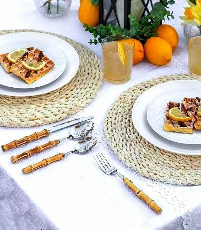 24 Pc Natural Bamboo Handle Cutlery Set Stainless Steel Flatware