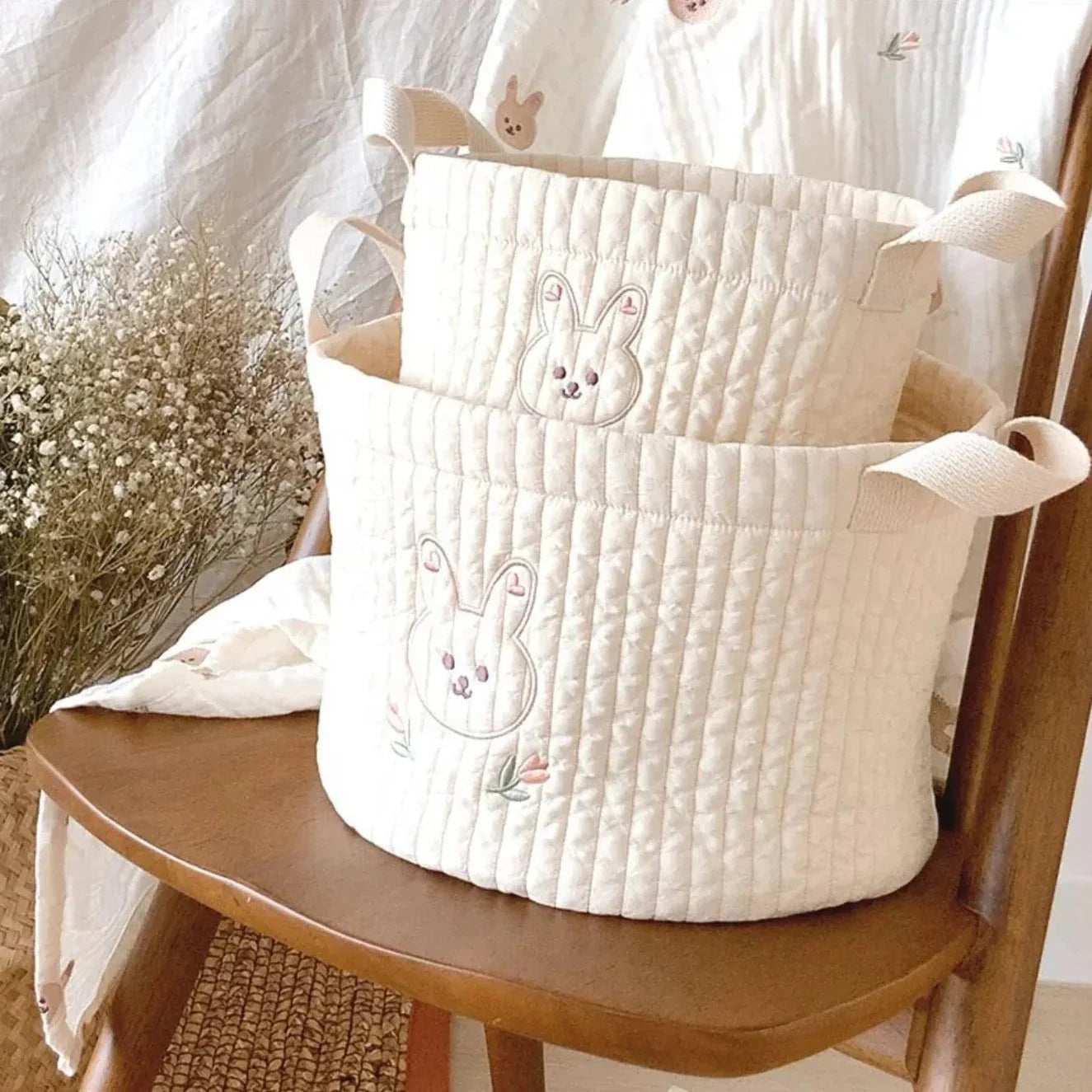 White Embroidered Cotton Baby Basket Storage Organisers - 4 Styles