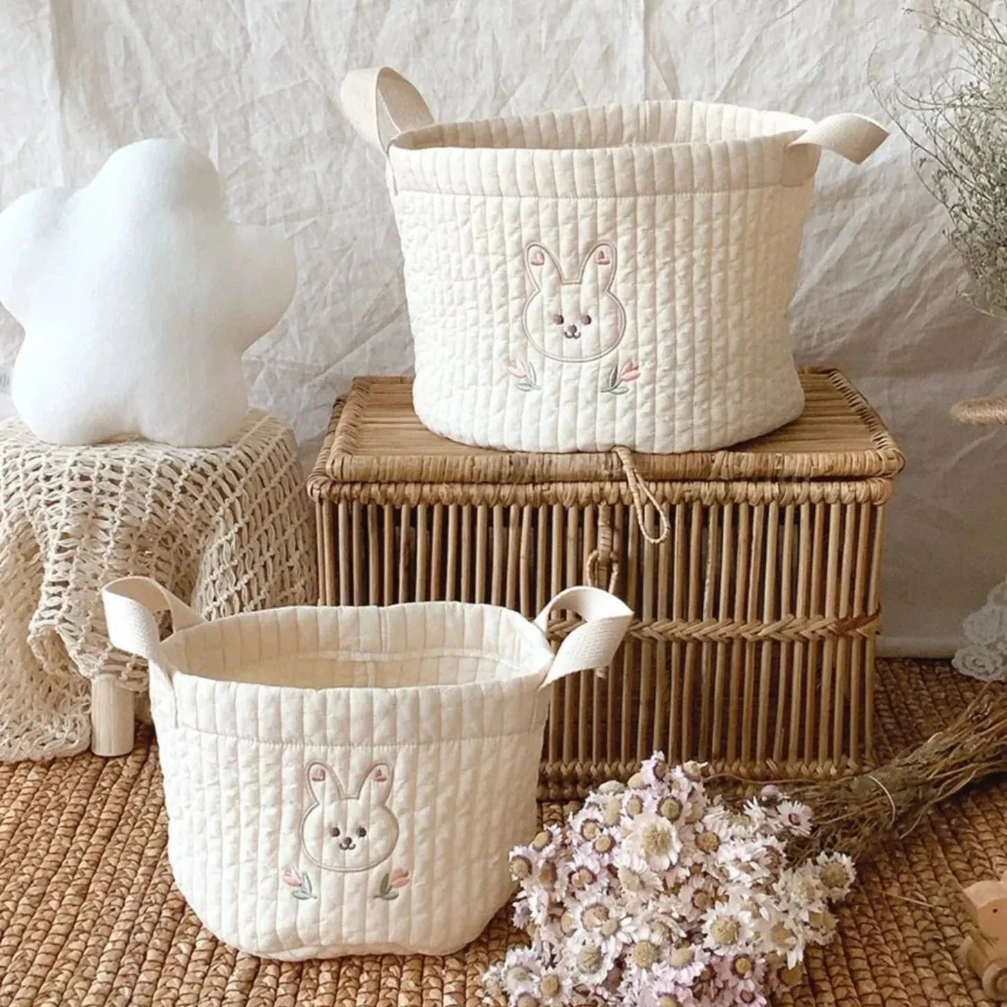 White Embroidered Cotton Baby Basket Storage Organisers - 4 Styles