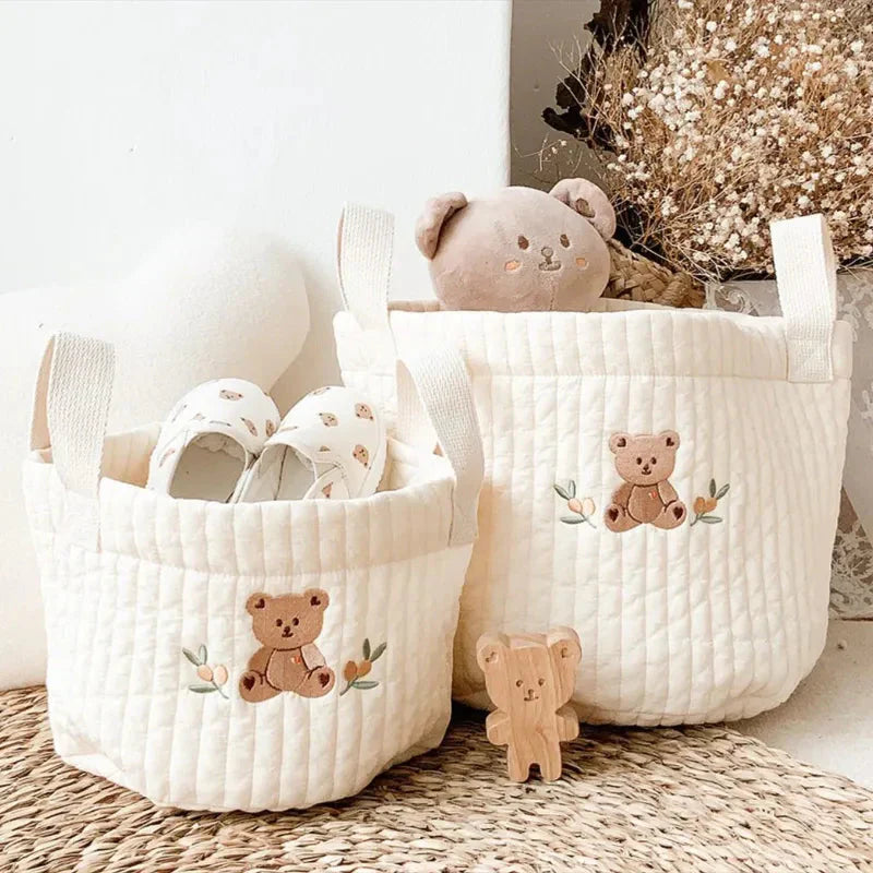 White Embroidered Cotton Baby Basket Storage Organisers - 4 Styles