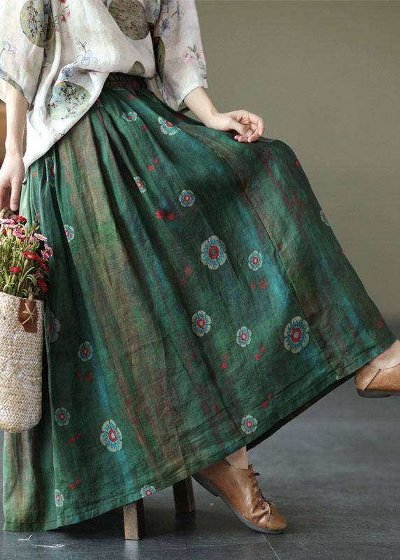 Women Green Print Ramie Elastic Waist Skirt