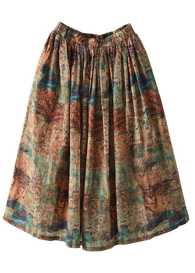 Women Green Print Ramie Elastic Waist Skirt