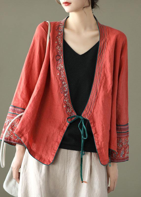 Women Red Embroideried Long sleeve Linen Shirt