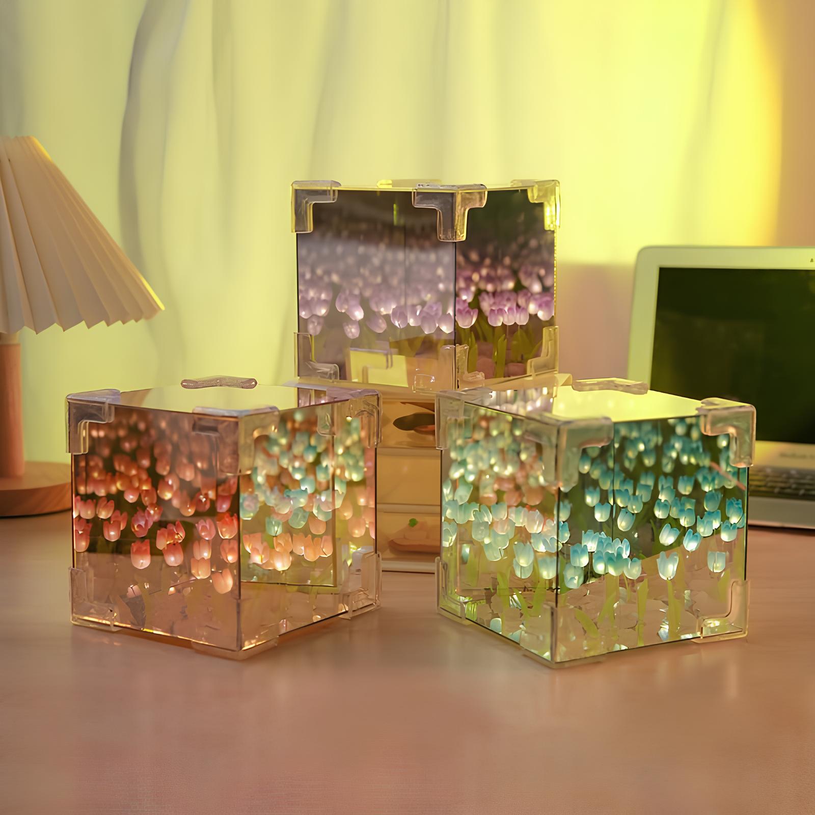 Kreativ DIY tulipanblomst tredimensjonal kube liten nattlampe