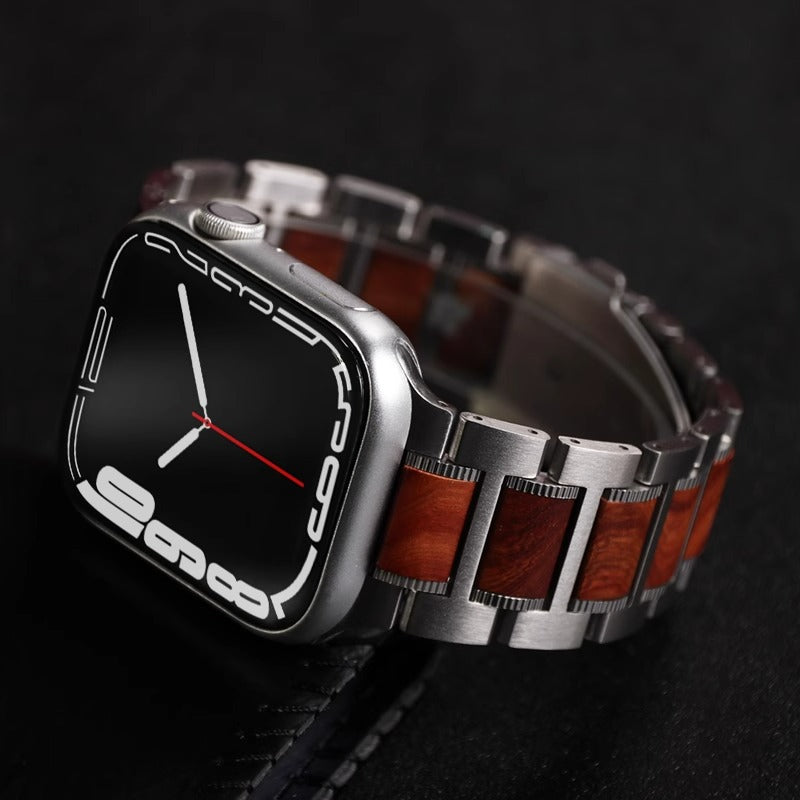 Natural Red Sandalwood & Metal Watch Band