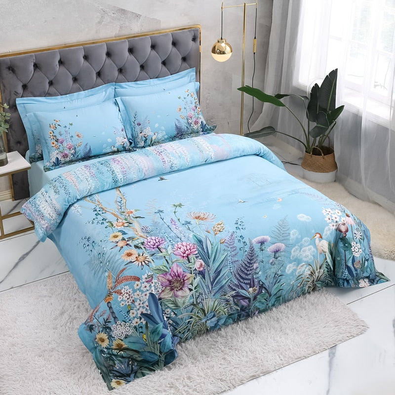 Set copripiumino Botanical Sky Blue (cotone egiziano, 500 TC)